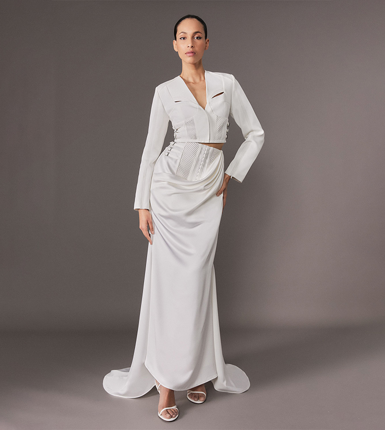 Satin Drape Corset Detail Fishtail Maxi Skirt