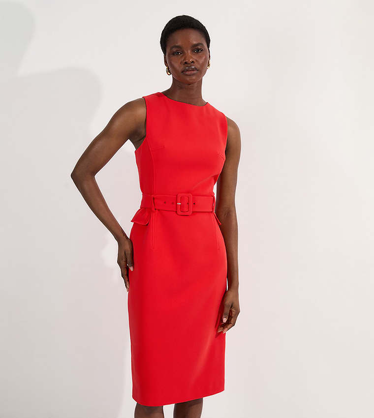 Petite Belted Tailored Midi Dress