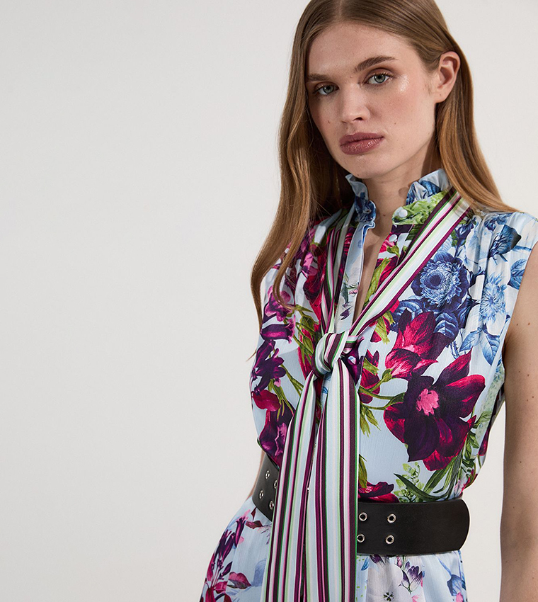 Floral Printed Tie Neck Woven Midaxi Dress