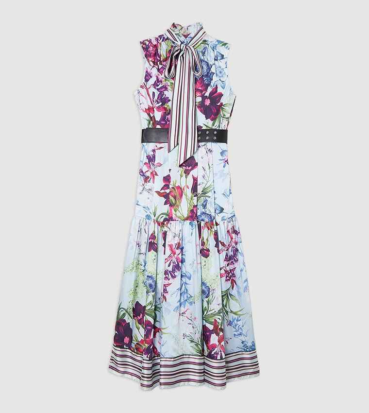 Floral Printed Tie Neck Woven Midaxi Dress