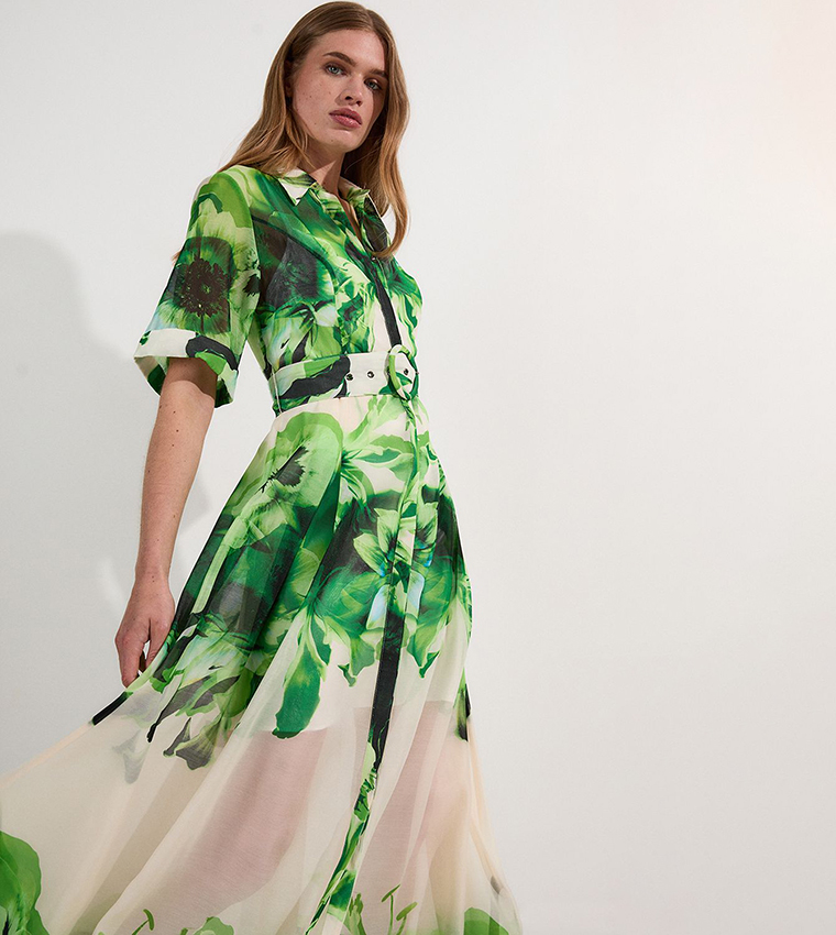 Petite Floral Organdie Woven Maxi Shirt Dress