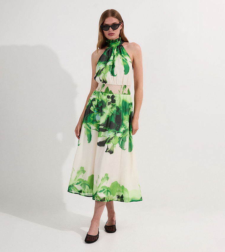 Buy Karen Millen Petite Floral Organdie Woven Belted Halterneck