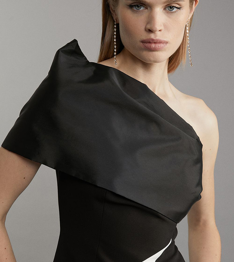 Petite Clean Taffeta One Shoulder Panel Midi Dress