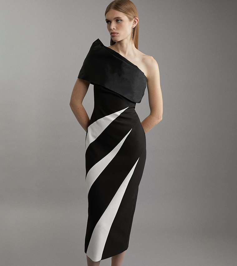 Petite Clean Taffeta One Shoulder Panel Midi Dress