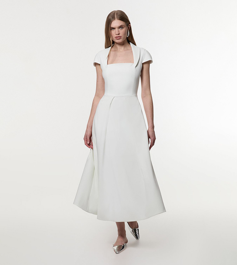 Petite Square Neck Tailored Flareded Midaxi Dress