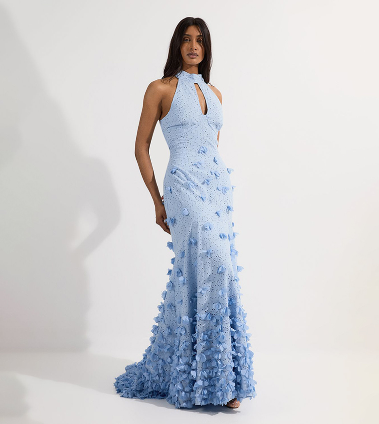 Petal Applique Embellished Broderie Rosette Maxi Dress