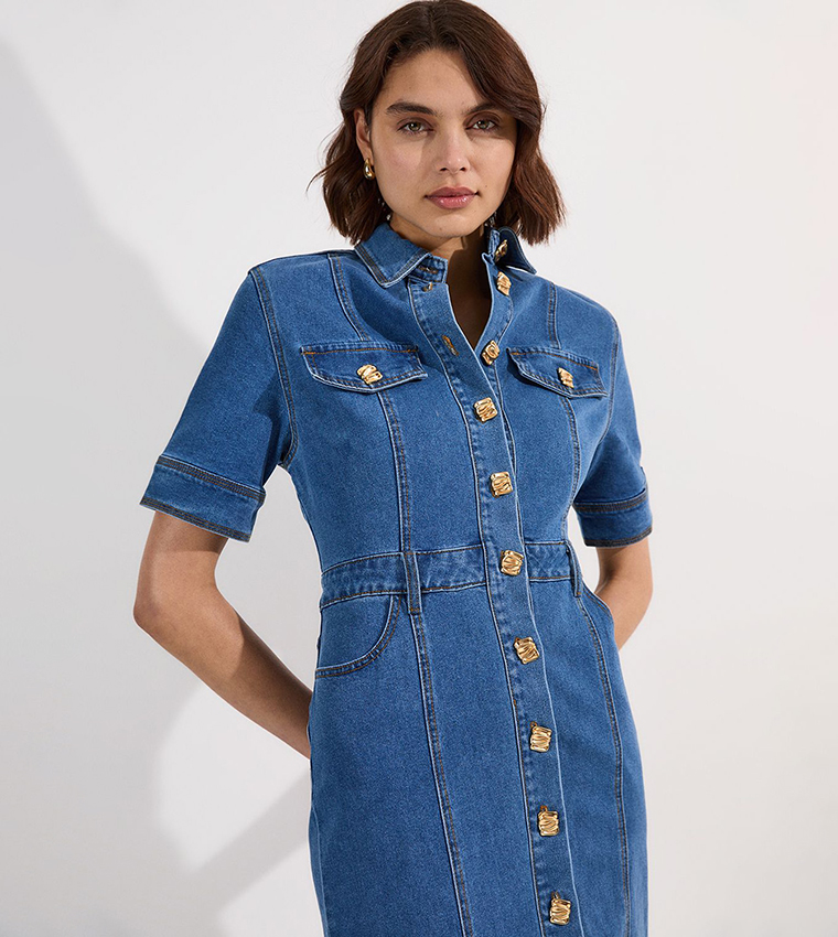 Buy Karen Millen Button Front Short Sleeves Denim Midi Dress In