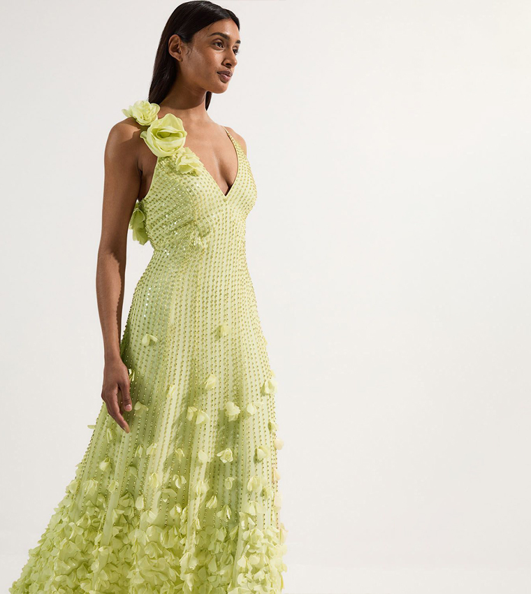 Crystal Applique Strappy Rosette Woven Maxi Dress
