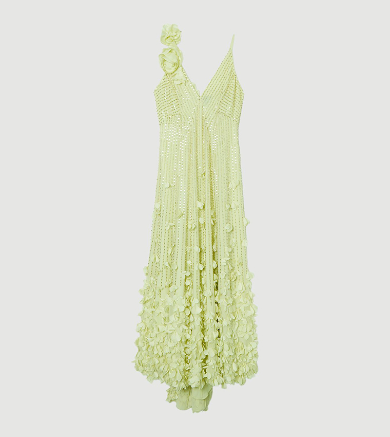 Crystal Applique Strappy Rosette Woven Maxi Dress
