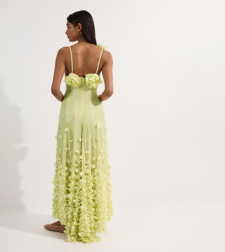 Crystal Applique Strappy Rosette Woven Maxi Dress