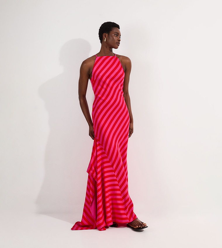 Petite Fluid Striped Halterneck Midi Dress