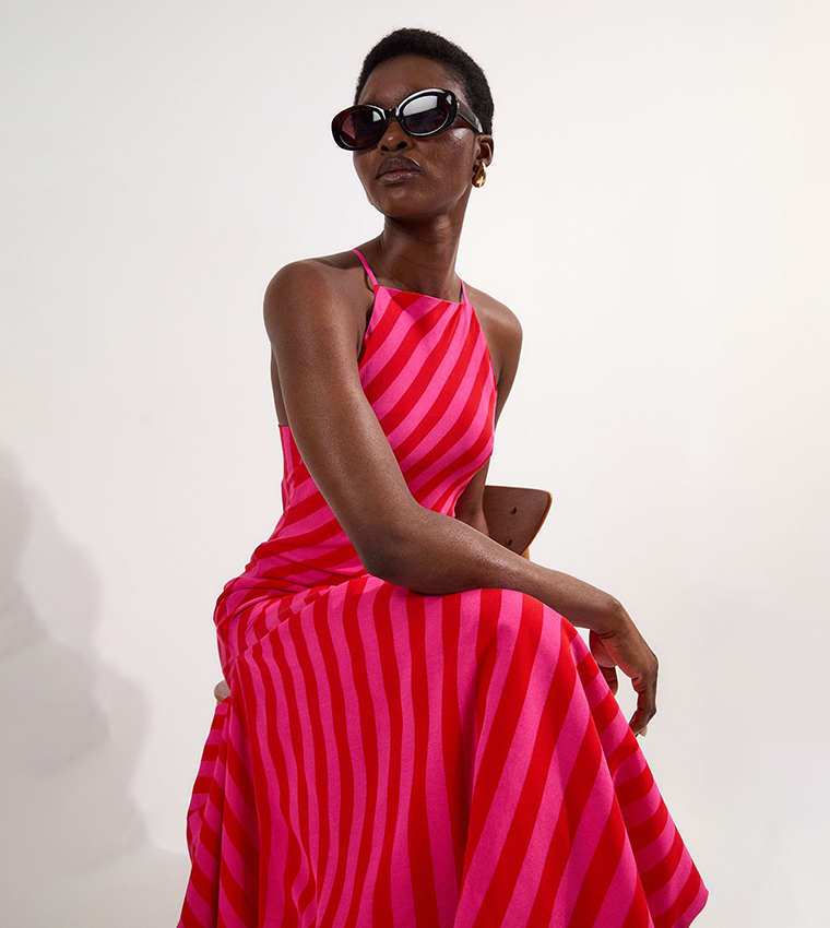 Petite Fluid Striped Halterneck Midi Dress