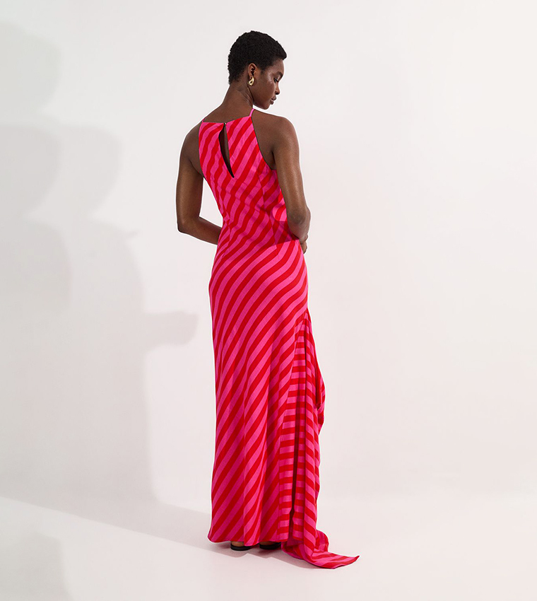 Petite Fluid Striped Halterneck Midi Dress