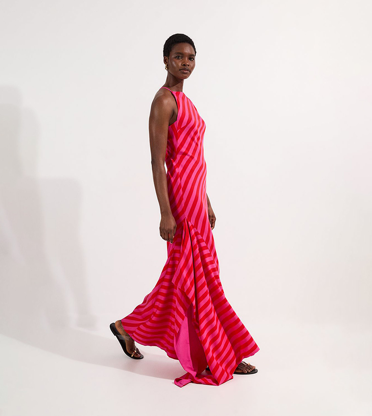 Petite Fluid Striped Halterneck Midi Dress