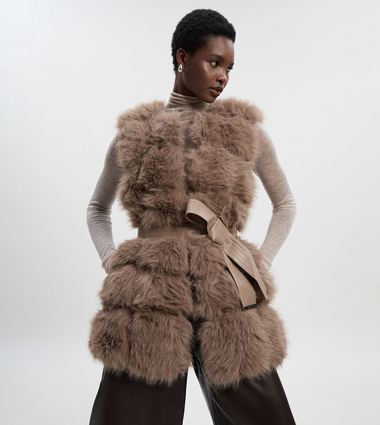 Buy Karen Millen Petite Faux Fur Paneled Gilet In Taupe