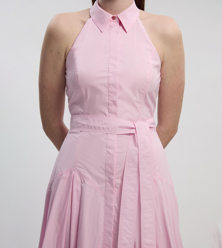 Cotton Halterneck Woven Midi Shirt Dress