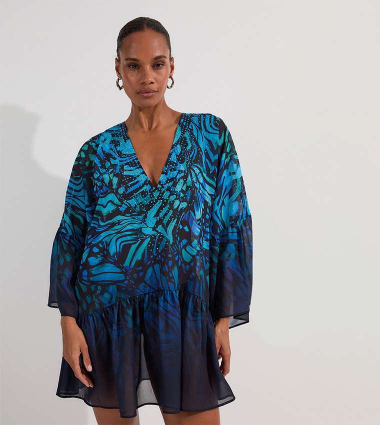 Ombre Butterfly Georgette Kimono Beach Mini Dress