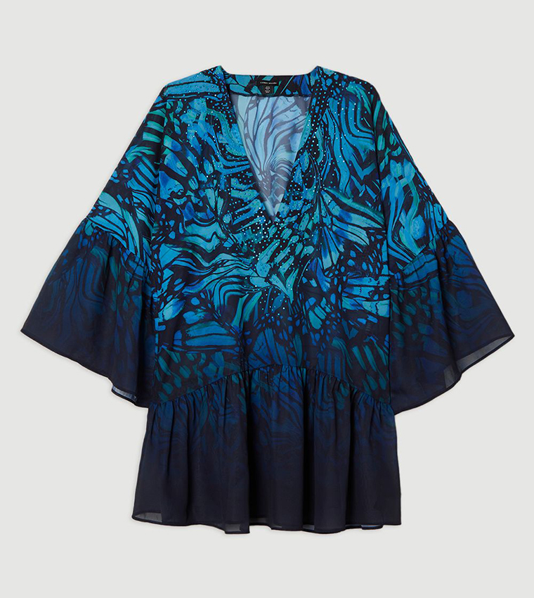 Ombre Butterfly Georgette Kimono Beach Mini Dress