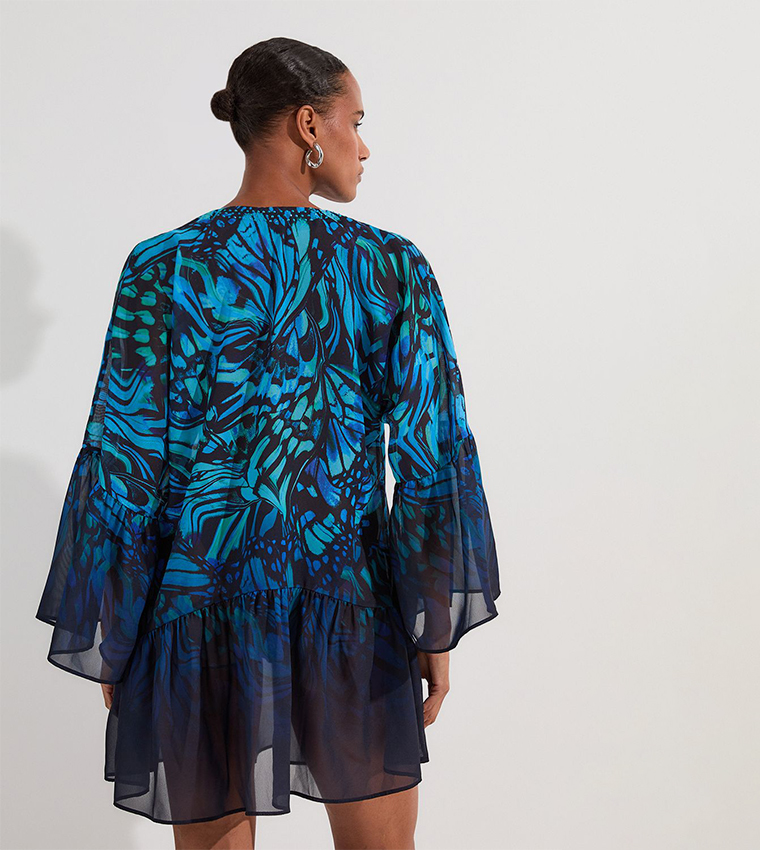Ombre Butterfly Georgette Kimono Beach Mini Dress