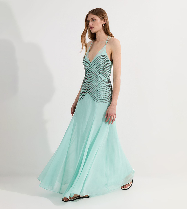 Embellished Geo Strappy Maxi Dress