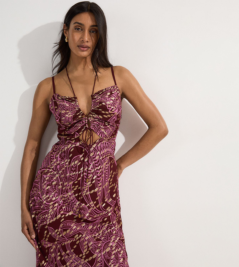 Printed Viscose Sparkle Tie Detail Strappy Maxi Dress