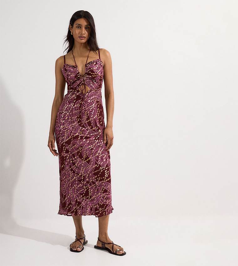 Printed Viscose Sparkle Tie Detail Strappy Maxi Dress