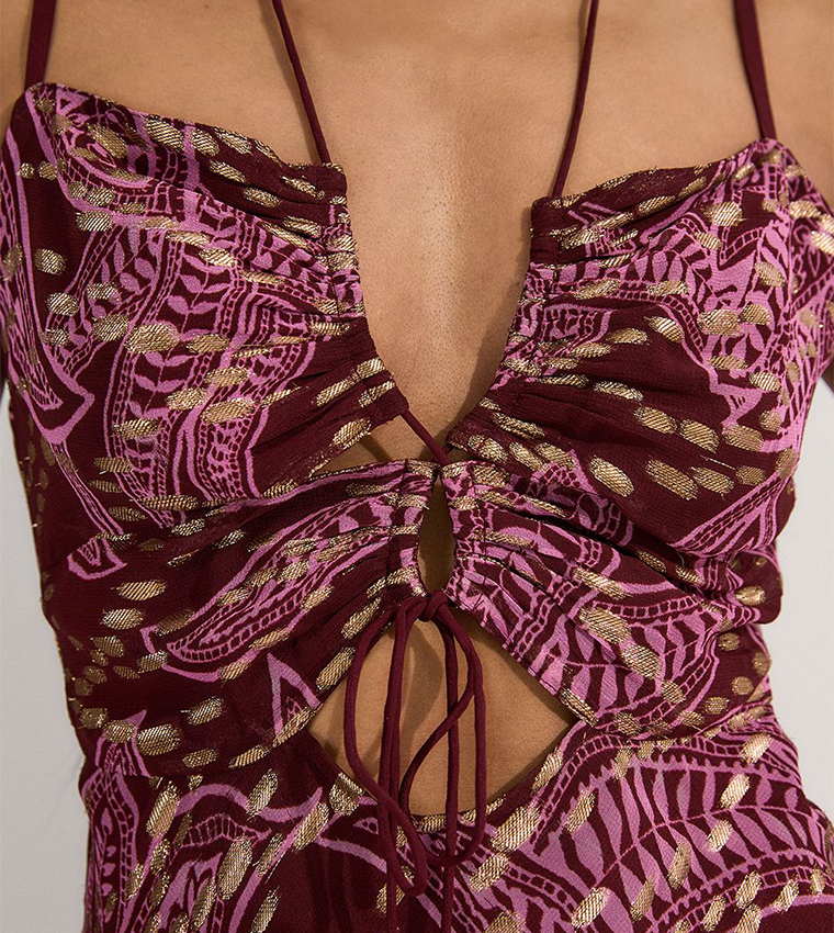 Printed Viscose Sparkle Tie Detail Strappy Maxi Dress