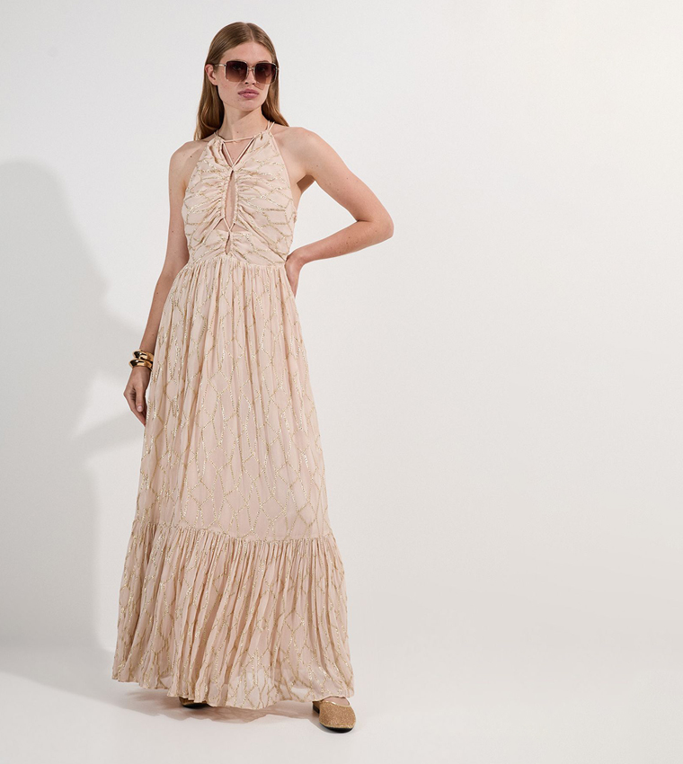 Metallic Georgette Halterneck Maxi Dress