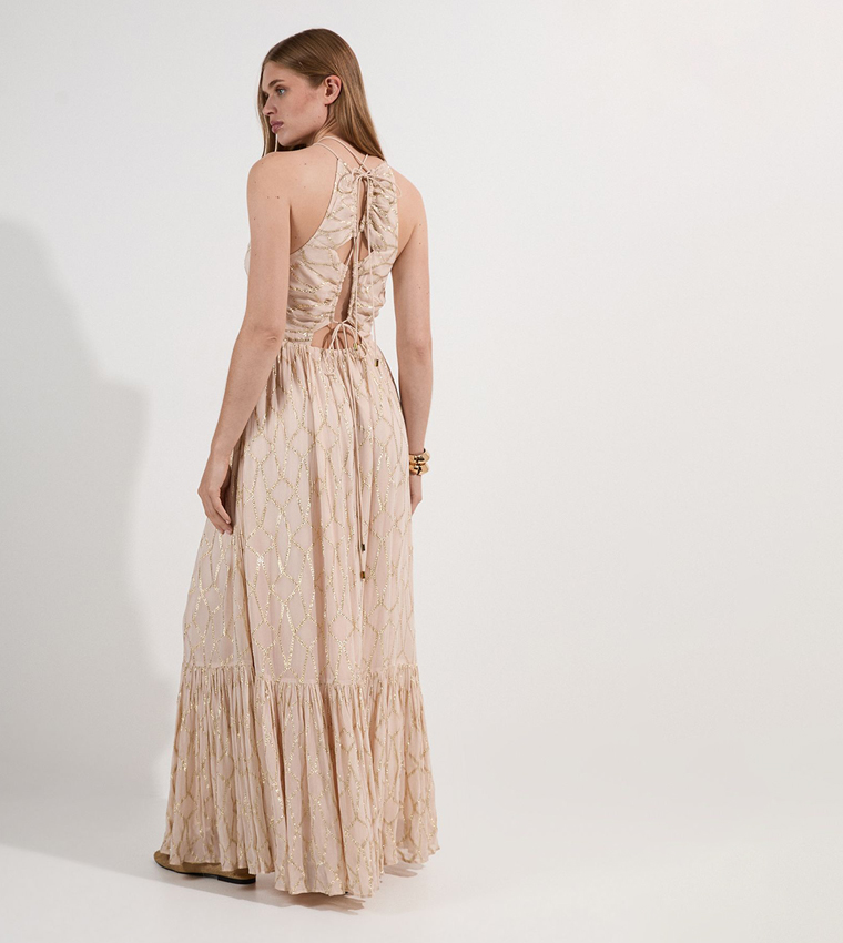 Metallic Georgette Halterneck Maxi Dress