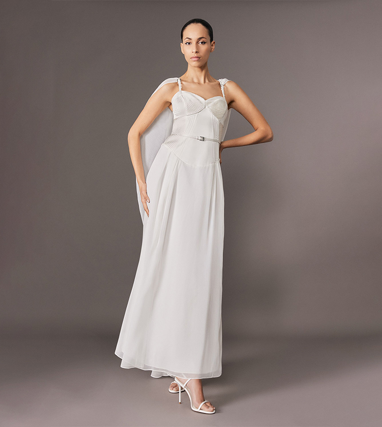 Corset Detail Georgette Cape Maxi Dress