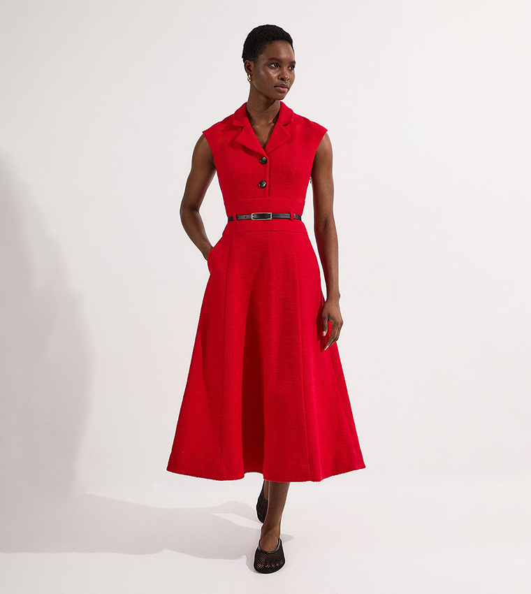 Textured Tweed Belted Full Skirted Midi Dress
