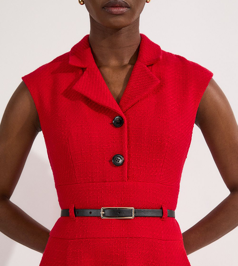 Textured Tweed Belted Full Skirted Midi Dress