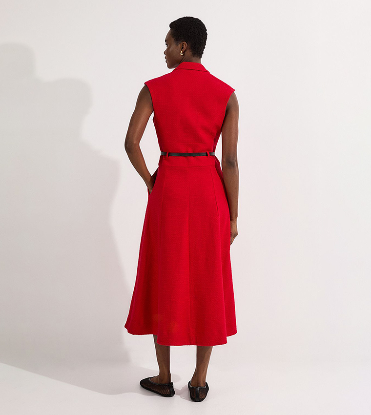 Textured Tweed Belted Full Skirted Midi Dress