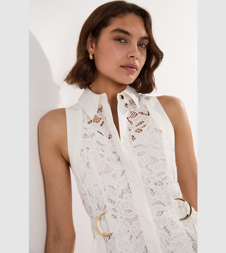 Cutwork Topstitch Halter Woven Midi Dress With Gold D Ring Detail