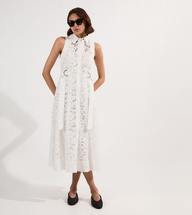 Cutwork Topstitch Halter Woven Midi Dress With Gold D Ring Detail