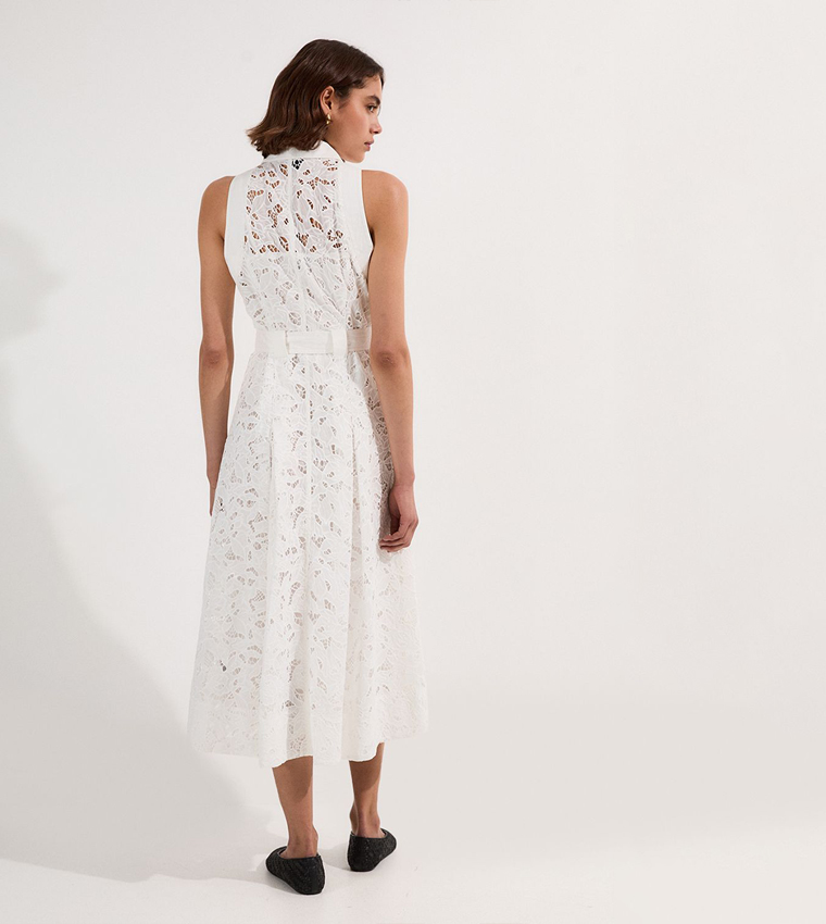 Cutwork Topstitch Halter Woven Midi Dress With Gold D Ring Detail