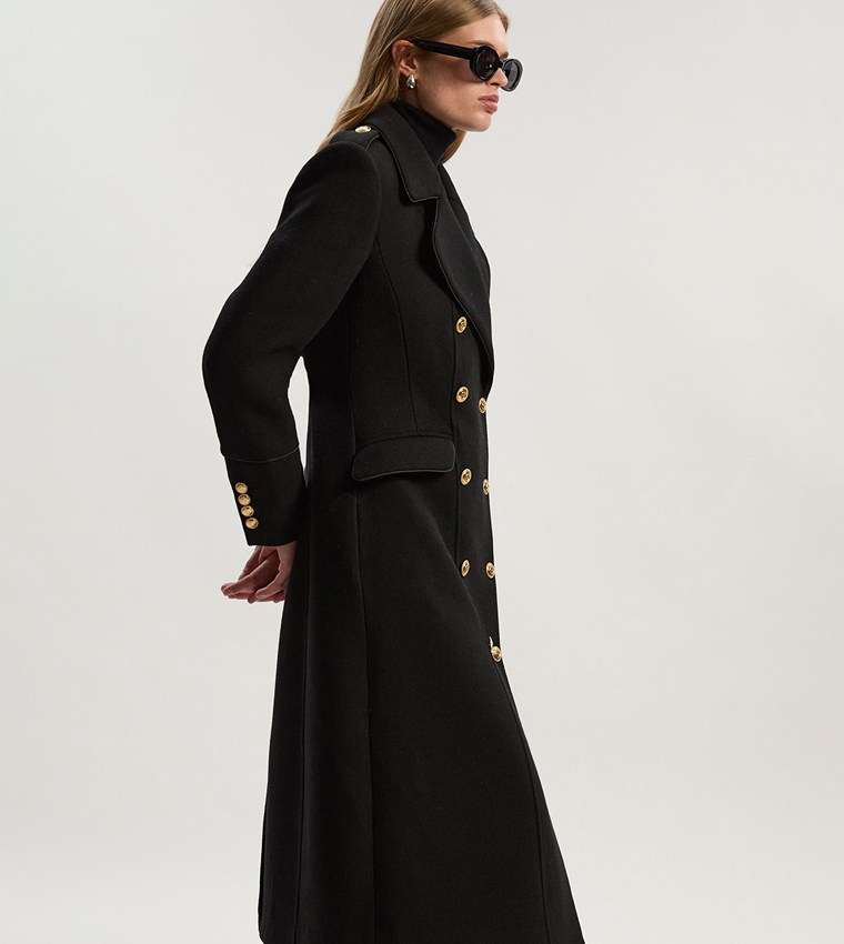 Double Breasted Military Tailored Wool Midi Coat