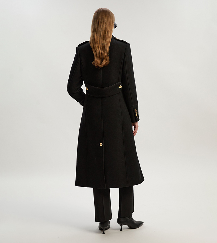 Double Breasted Military Tailored Wool Midi Coat