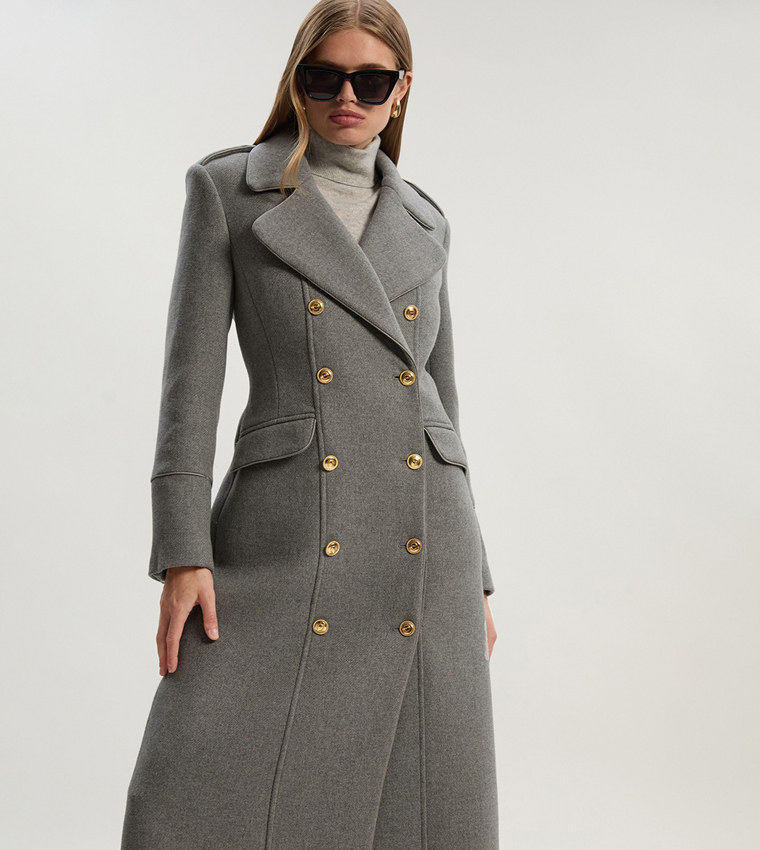 Double Breasted Military Tailored Wool Midi Coat