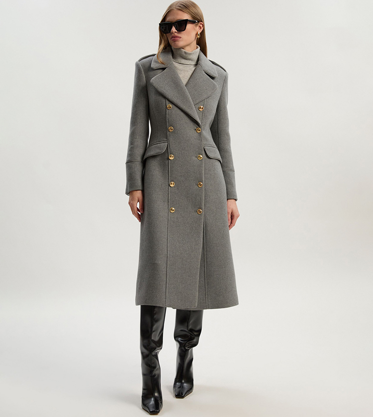 Double Breasted Military Tailored Wool Midi Coat