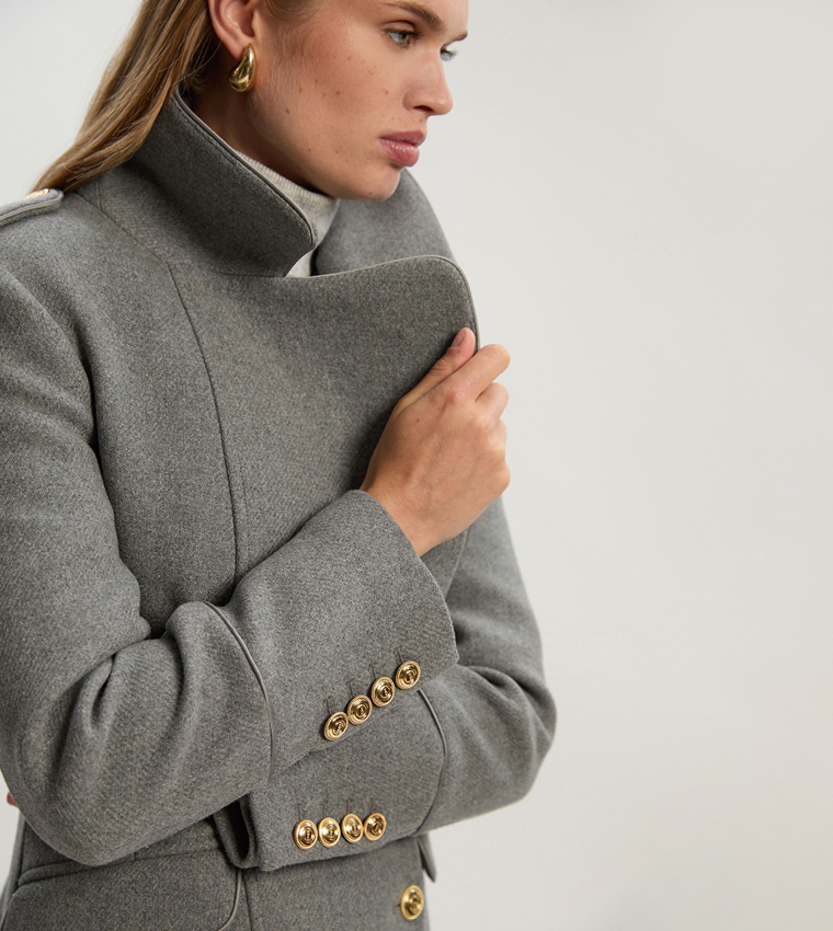Double Breasted Military Tailored Wool Midi Coat