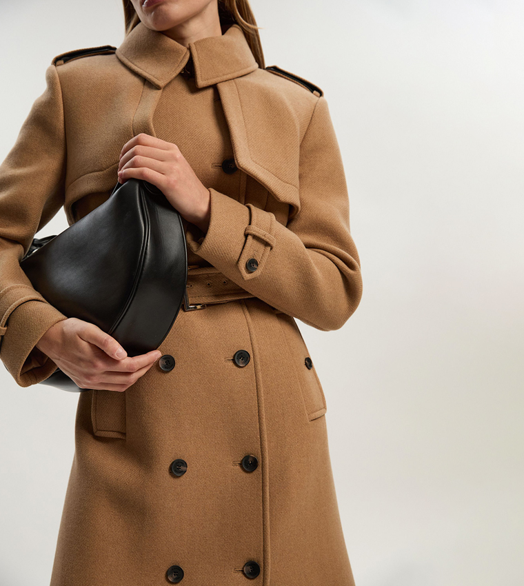 Wool PU Mix Tailored Belted Trench Maxi Coat