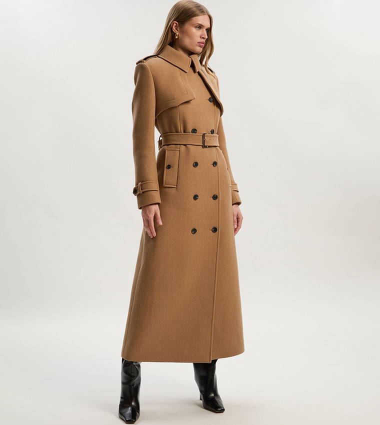 Wool PU Mix Tailored Belted Trench Maxi Coat