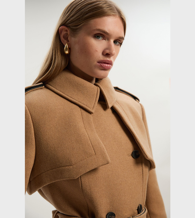 Wool PU Mix Tailored Belted Trench Maxi Coat