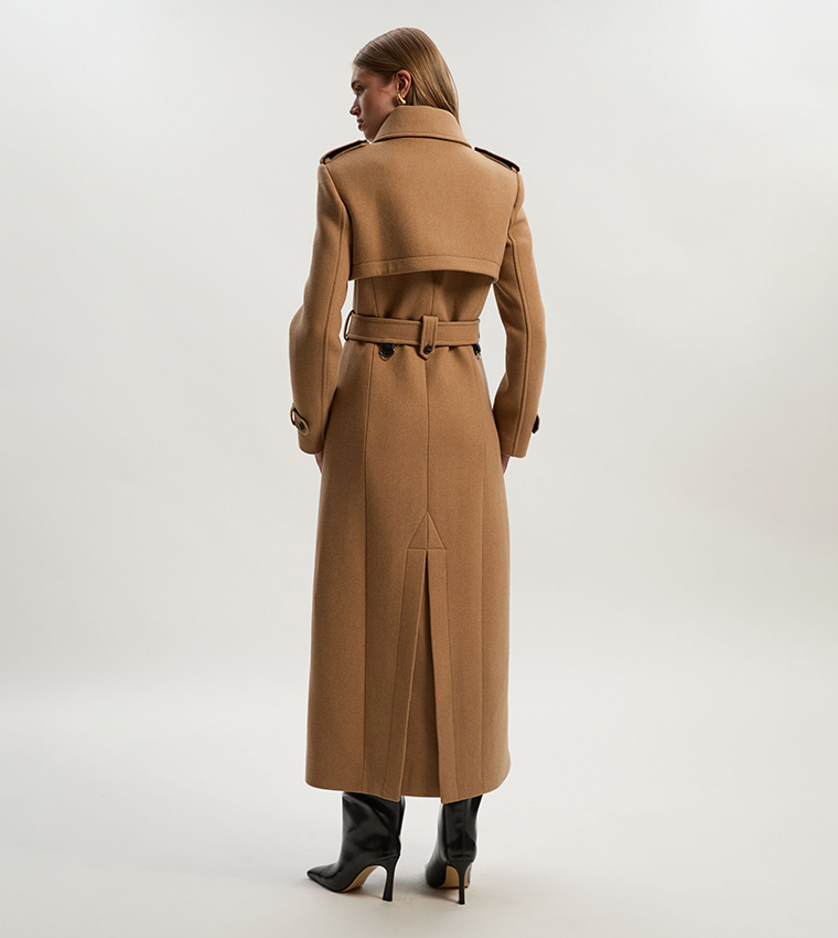 Wool PU Mix Tailored Belted Trench Maxi Coat