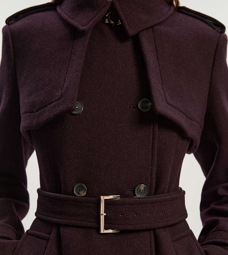 Wool PU Mix Tailored Belted Trench Maxi Coat