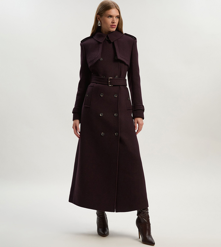 Wool PU Mix Tailored Belted Trench Maxi Coat