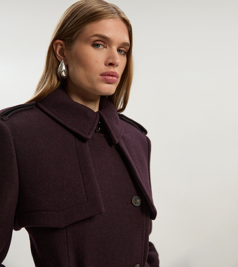 Wool PU Mix Tailored Belted Trench Maxi Coat