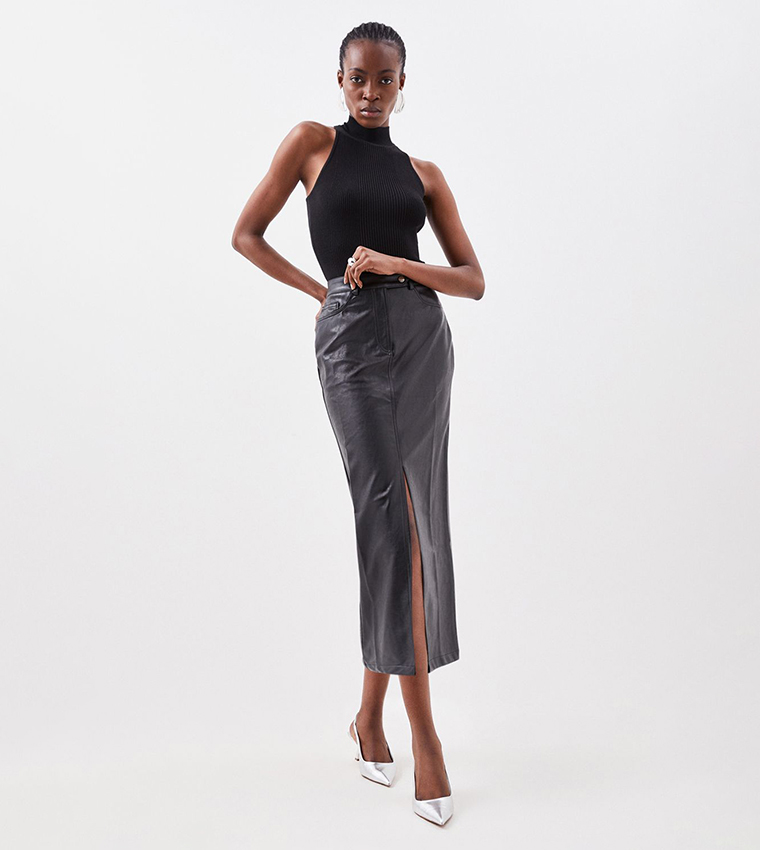 Faux Leather Pencil Midi Skirt