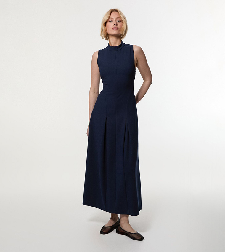 Compact Stretch High Neck Open Back Tailored Maxi Dress
